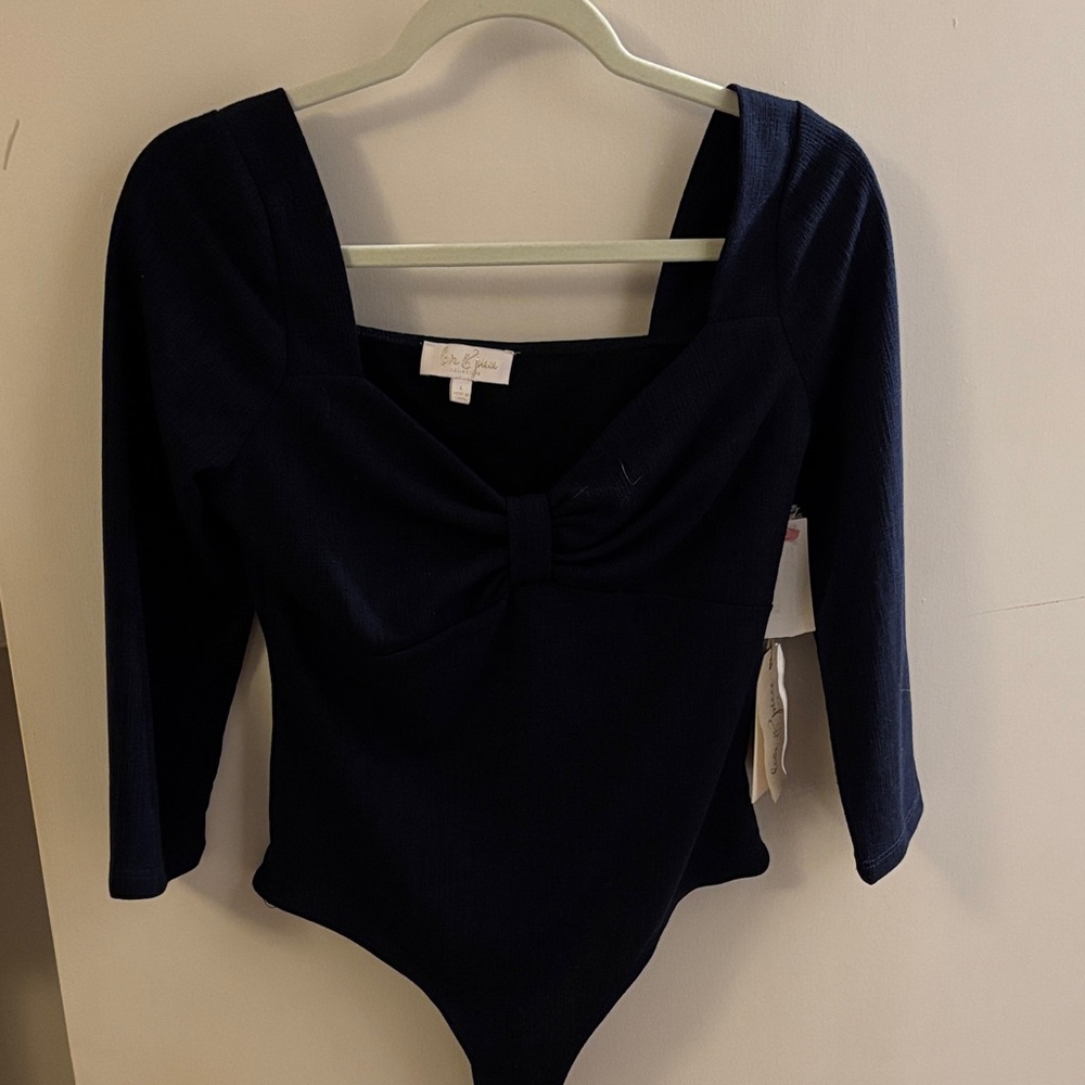 Navy Long Sleeve Bodysuit with Knot Detail